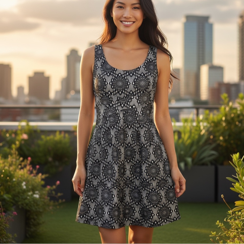 Hazel | Black and White Printed Lace Pattern Sleeveless Dress - Feminine Chic